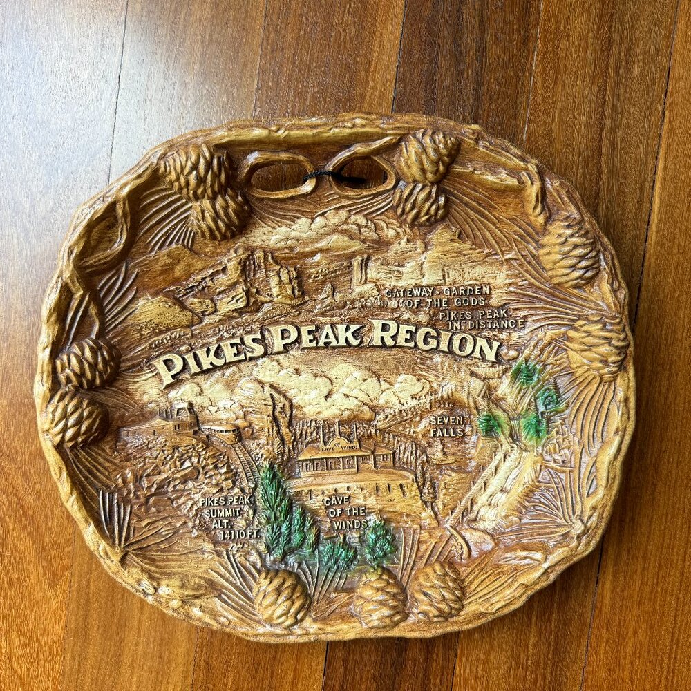 Vintage Pikes Peak Region Souvenir Faux Wood Tray / Plate / Bowl by Taco
